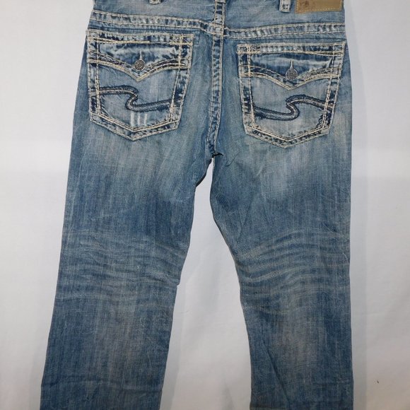 Silver Mens 34 / 32 Flap Jeans Blue Loose Fit Straight Leg Distressed - Picture 15 of 15
